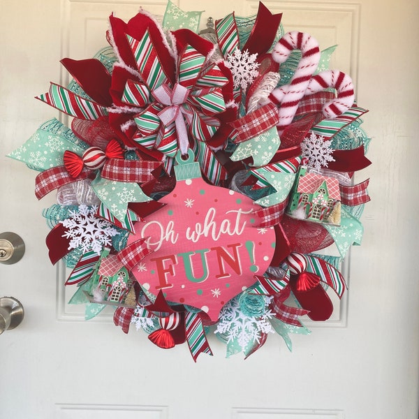 Whimsy Holiday Wreath, Cute Christmas Decor, Colorful Christmas Wreath, Christmas Door Wreath, Candy Cane Decorations, Gingerbread Houses