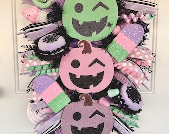 Pastel Halloween Wreath, Glitter Jack O Lanterns, Pink Purple Mint Decor