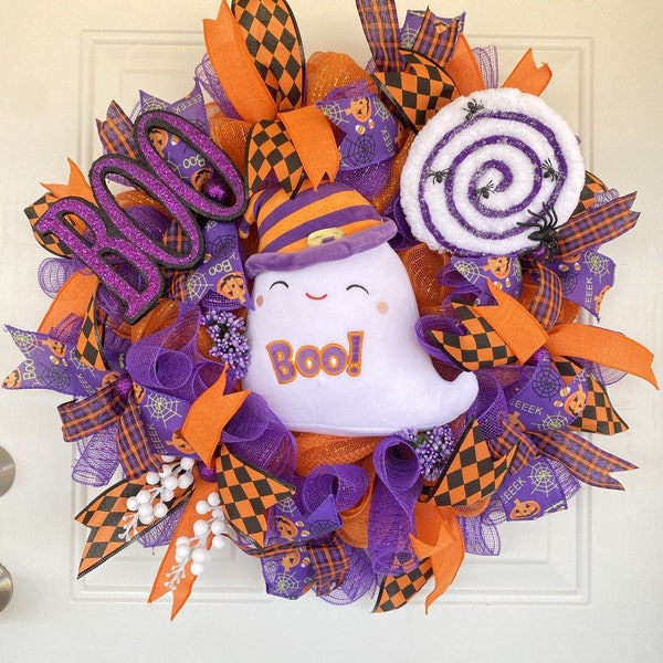 Ghost Plush Halloween Wreath with Giant Spiral Lollipop, Purple BOO Sign, Lollipop with spiders & harlequin ribbon