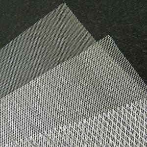 May include: Three overlapping sheets of white, fine-gauge mesh fabric with a distinct diamond-shaped grid pattern. The material is semi-transparent and features a consistent, repeating geometric structure across the entire surface of each layer.