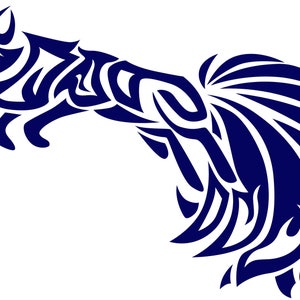 May include: A stylized blue fox with a tribal design, the tail is curled and flowing with a similar tribal pattern.