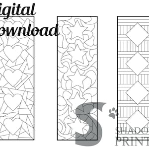 May include: Three black and white printable bookmark designs. The first bookmark features a pattern of hearts, the second features a pattern of stars, and the third features a pattern of diamonds.