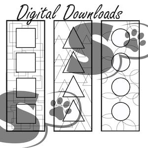 May include: Three digital download designs for printable bookmarks. The first design features a geometric pattern with four squares. The second design features a geometric pattern with three triangles. The third design features a geometric pattern with four circles.
