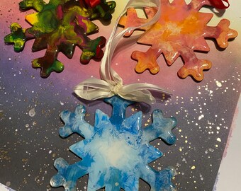 Colorful Snowflake Acrylic Pour Painted Magnets