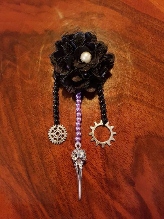 Small Black Flower Hair Fascinator With A Silver Crow Skull Etsy