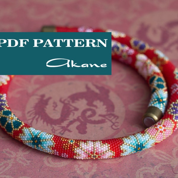 PDF pattern for beaded crochet necklace - Seed beads crochet rope pattern - Japanese floral print - Red colorful necklace - Asian style