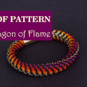 May include: A beaded bracelet with a black, orange, and red color scheme. The bracelet is made with small beads and has a metallic gold accent. The text "PDF PATTERN Dragon of Flame" is displayed above the bracelet.
