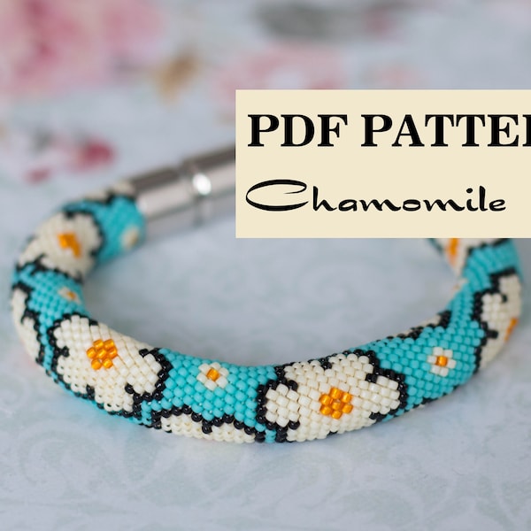 PDF Pattern for beaded crochet bracelet - Seed bead rope pattern - Daisies pattern - Turquoise White Orange - Chamomile floral print