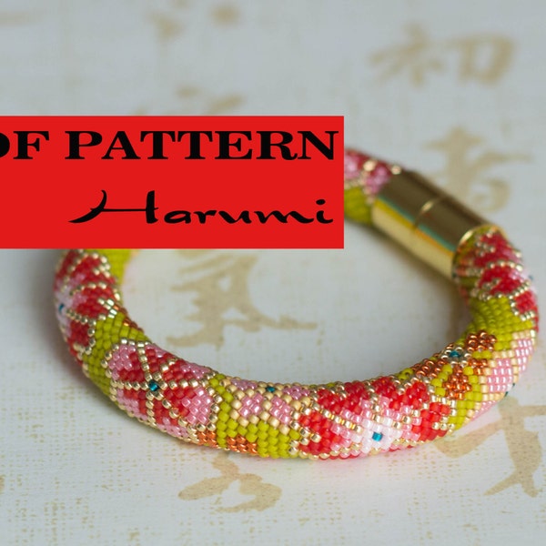 PDF Pattern for beaded crochet bracelet - Seed bead pattern - Asian style - Floral print - Green pink bracelet - Japanese ornament