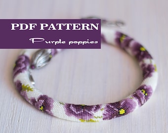 PDF Pattern for beaded crochet necklace - Seed beads croctet rope- Purple Poppies - Floral print - Boho style - Poppy necklace pattern