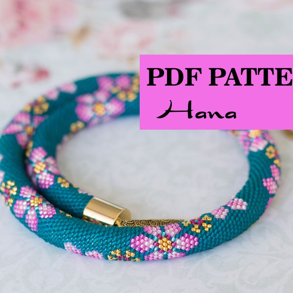 Patron PDF pour collier au crochet perlé - Corde de croctet de perles de rocaille - Imprimé floral - Fleurs roses - Collier bleu sarcelle - Style ethnique asiatique