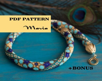 PDF Pattern for beaded crochet necklace + Bonus - Seed bead croctet rope - Geometric Moroccan star ornament - Blue Gold Turquoise