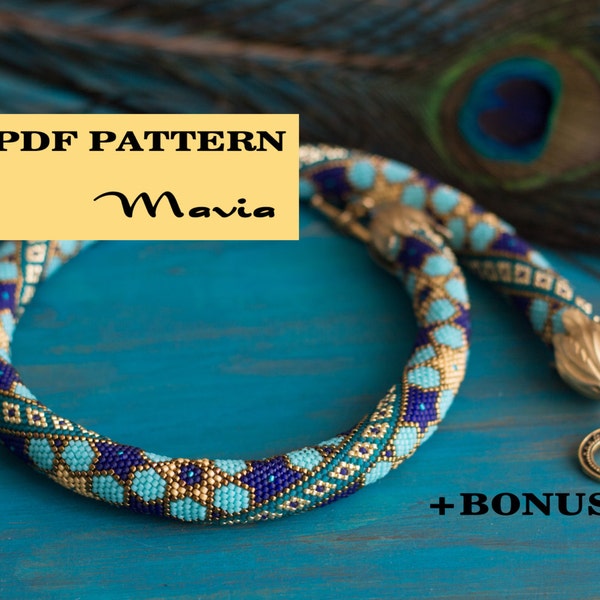 Patron PDF pour collier de perles au crochet + Bonus - Corde de croctet de perles de rocaille - Ornement étoile marocaine géométrique - Bleu Or Turquoise