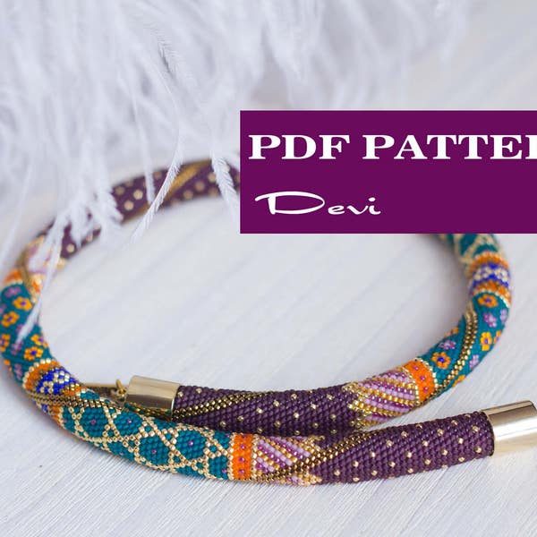 Modèle PDF pour collier au crochet perlé - Modèle de corde au crochet de perles de rocaille - Collier Purple Teal Gold - Style asiatique - Ornements indiens
