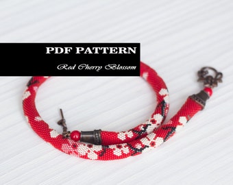 PDF Pattern for beaded crochet necklace - Oriental floral pattern - Seed bead crochet rope - Red Sakura necklace - Cherry blossom pattern