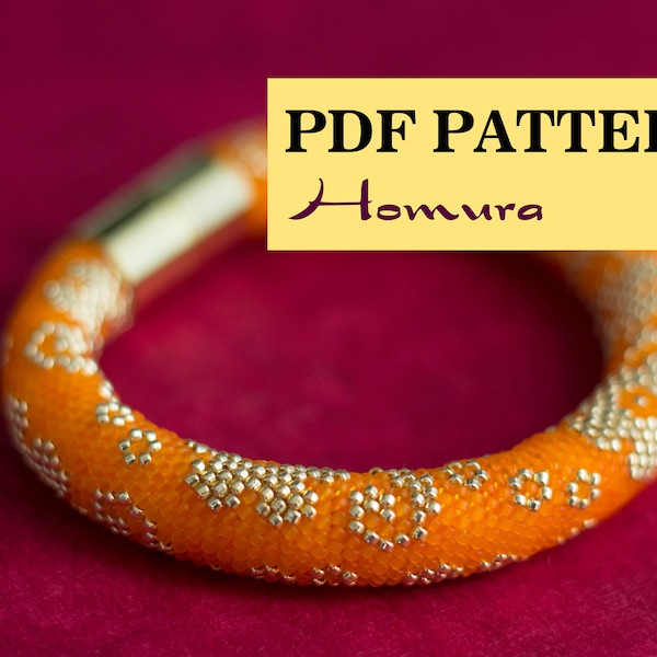 PDF Pattern for beaded crochet bracelet - Seed bead rope pattern - Orange Gold bracelet - Floral print - Japanese pattern