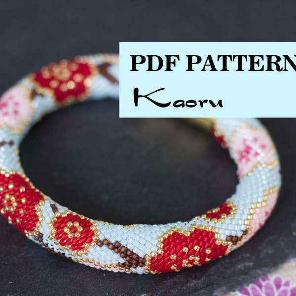 PDF Pattern for beaded crochet bracelet - Seed bead rope pattern - Pale blue Pink Red bracelet - Asian style - Japanese sakura print