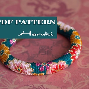 PDF Pattern for beaded crochet bracelet - Seed bead pattern - Teal red bracelet - Asian style - Japanese floral print - Colorful bracelet