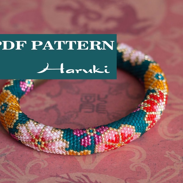 Patron PDF pour bracelet crochet perlé - Patron perle rocaille - Bracelet rouge sarcelle - Style asiatique - Imprimé fleuri japonais - Bracelet coloré