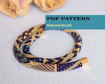 PDF Pattern for beaded crochet necklace - Seed bead crochet rope - Jewelry patterns - Geometric pattern - Gold blue necklace - Office jewels