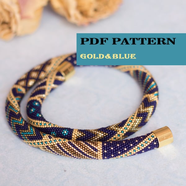 PDF Pattern for beaded crochet necklace - Seed bead crochet rope - Jewelry patterns - Geometric pattern - Gold blue necklace - Office jewels