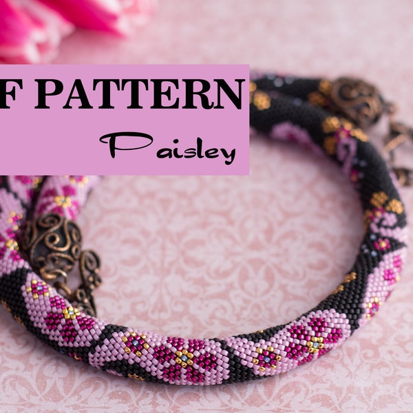 PDF Pattern for bead crochet necklace - Seed beads croctet rope - Paisley flowers ornament - Black lilac mauve necklace - Indian style