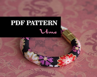 PDF Pattern for beaded crochet bracelet - Seed bead pattern - Black pink bracelet - Asian style - Japanese floral print - Colorful bracelet
