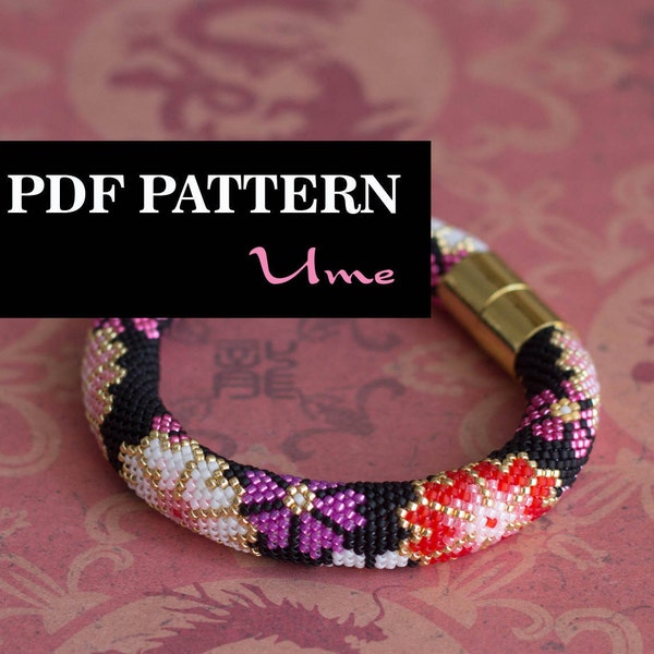 Patron PDF pour bracelet crochet perlé - Patron rocaille - Bracelet noir rose - Style asiatique - Imprimé fleuri japonais - Bracelet coloré