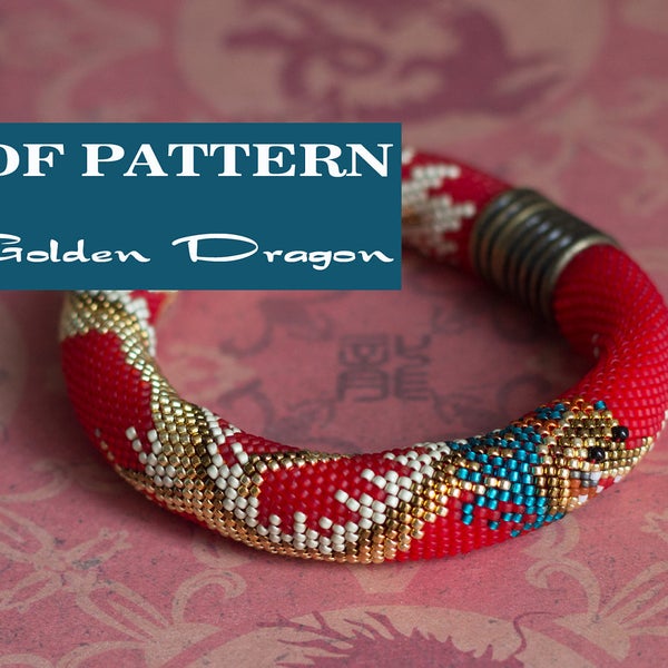 PDF pattern for beaded crochet bracelet 'Golden dragon' - Seed bead crochet rope - Chinese Golden Dragon - Oriental Print - Unique jewelry