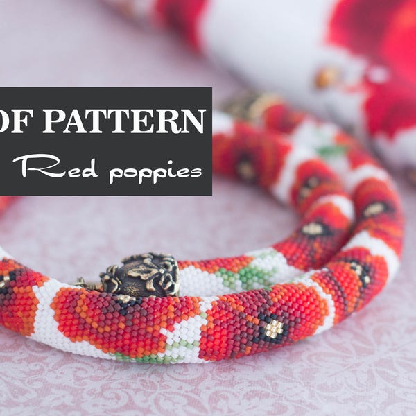 PDF Pattern for Beaded crochet necklace - Seed bead croctet rope - Red Poppies - Floral print - White Red necklace - Crochet choker patterns