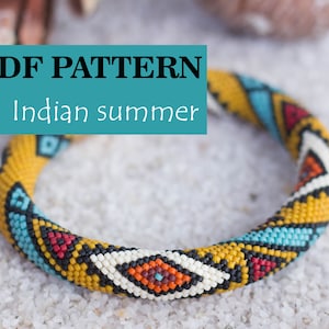May include: A colorful beaded bracelet with a geometric pattern in shades of yellow, blue, red, black, and white. The bracelet is called "Indian Summer" and is a PDF pattern.