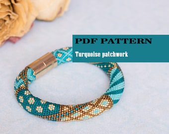 PDF pattern for crochet bracelet - Seed bead crochet rope - Jewelry patterns - Geometric design - Turquoise gold bracelet - Crochet bangle