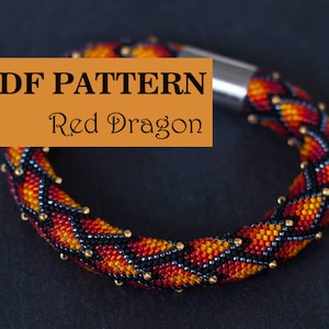 May include: PDF pattern for a beaded bracelet with a red, orange and black colour scheme. The bracelet is called "Red Dragon".