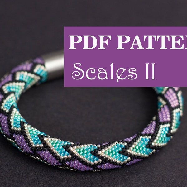 PDF Pattern for beaded crochet bracelet - Seed bead pattern - Teal Lavender Silver bracelet - Dragon scales pattern - Snake skin print