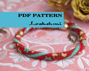 PDF Pattern for beaded crochet necklace - Seed bead crochet rope pattern - Indian floral pattern - Red necklace - Oriental Asian style