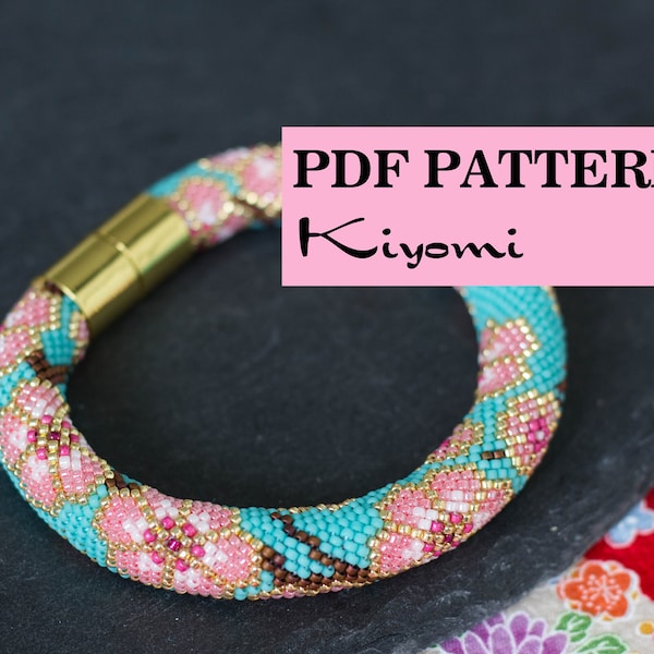 PDF Pattern for beaded crochet bracelet - Seed bead rope pattern - Turquoise Pink bracelet - Asian ethno style - Japanese sakura print