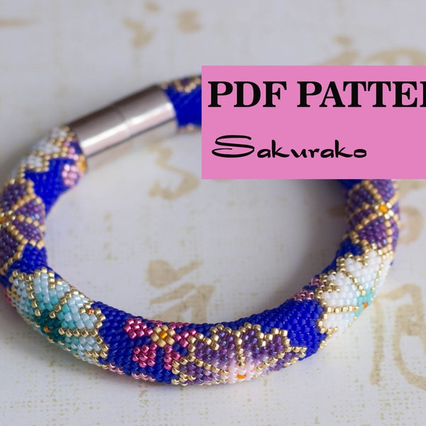 PDF Pattern for beaded crochet bracelet - Seed bead crochet rope pattern - Blue Pink Purple - Asian style - Japanese floral print