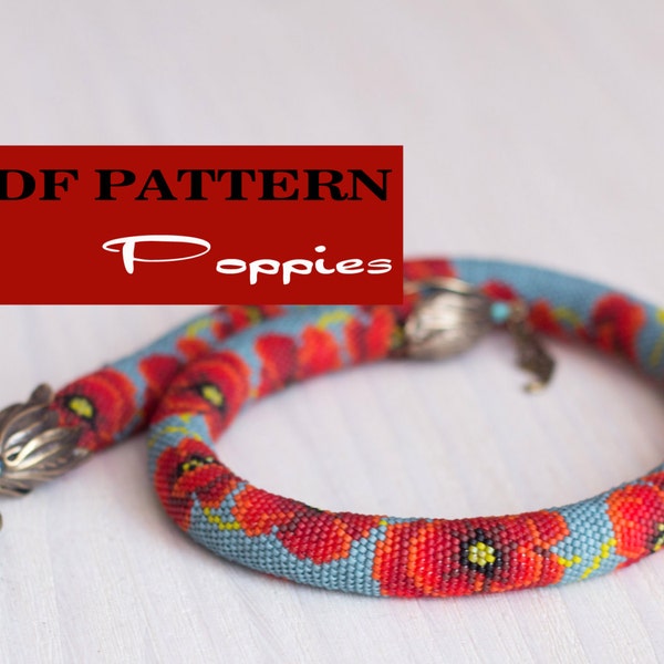 Beaded crochet necklace pattern - Seed beads croctet rope - Red Poppies - Floral print - Turquoise Red necklace - Crochet choker patterns