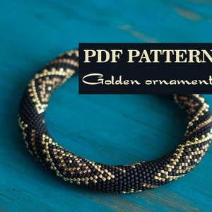 PDF Pattern - Beaded crochet bracelet pattern - Seed beads rope pattern - Golden ornaments - Black Gold Bronze bracelet - Geometry design