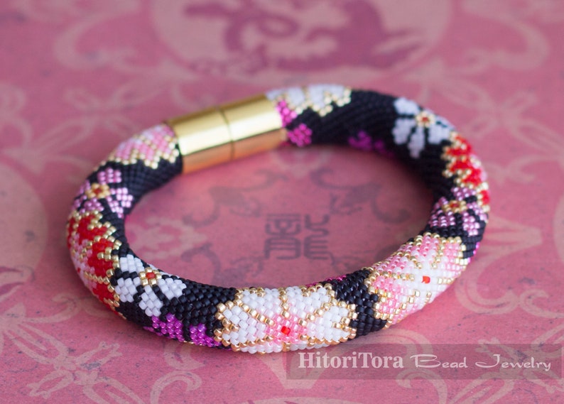 PDF Pattern for Beaded Crochet Bracelet Seed Bead Pattern Black Pink Bracelet Asian Style