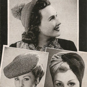 PDF Vintage Knitting Pattern, Ladies Hats, Cap Tam and Turban, 1940's Wartime Knitting, Instant Download