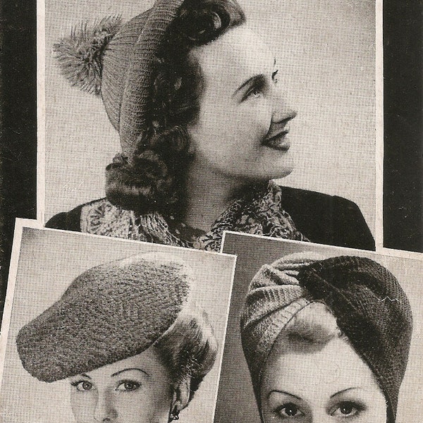 PDF Patrón de punto vintage, sombreros de mujer, gorra tam y turbante, tejido en tiempos de guerra de 1940, descarga instantánea