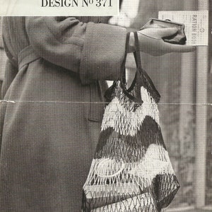May include: Black and white crochet bag with a striped pattern. The bag is full of items and has a handle. The image is from a vintage crochet pattern booklet titled "Coats Crochet Design No 371".