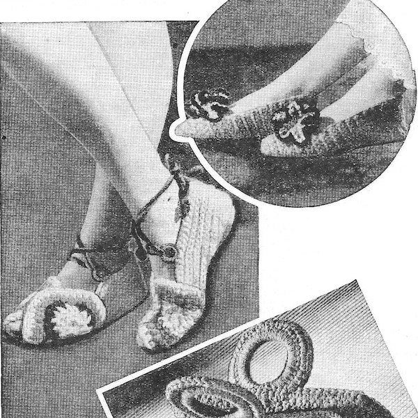 1940s Crochet and Knitting Pattern, Women's Slippers, Sandals and Bag, 6 Ply Rug Wool, PDF Instant Download