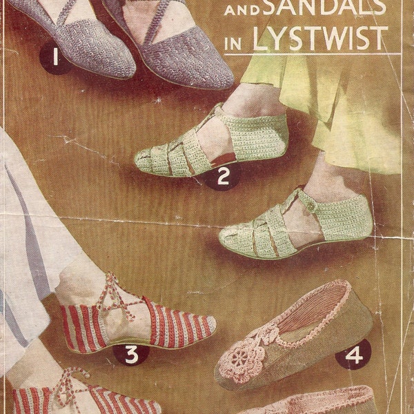 PDF 1930s Knitting Pattern, Lady's Slipper & Sandals, Size 5+, Twilleys Lystwist, Knitting and Crochet Pattern,Instant Download