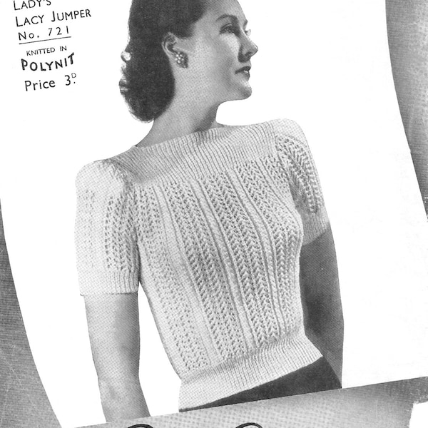PDF 1940's Knitting Pattern, Lace Knit Jumper, 2 or 3 Ply, 32/34", Instant Download