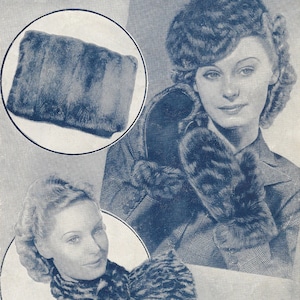 Könnte beinhalten: Vintage Werbung für Pelzzubehör. Das Bild zeigt eine Frau mit Pelzmütze, Schal und Fäustlingen. Das Zubehör wird aus kleinen Pelzstücken hergestellt. Der Text lautet "FUR ACCESSORIES Made from Small Pieces" und "Weldons Leaflet 3d No. 436".
