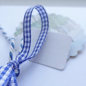 May include: A blue and white checked ribbon tied around a blank white gift tag. The tag is attached to a white and blue twine.