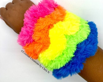 Neon faux fur scrunchie, Faux fur hair tie, Tween hair accessories, Girls hair ties, 80’s accessories, Rainbow scrunchies