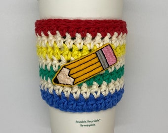 Teacher cup cozy, Coffee sleeve for teachers, Pencil cup cozy, school cup cozy, crochet cup cozy, crochet coffee sleeve, teacher gifts
